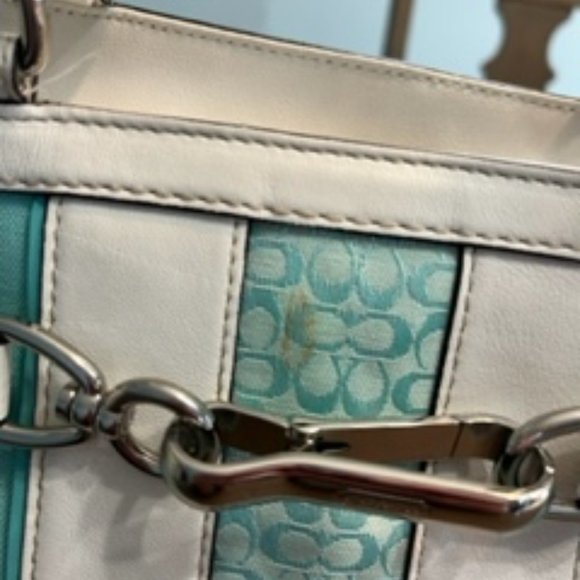 Coach Turquoise and White Stachel Tote Handbag - Picture 2 of 8